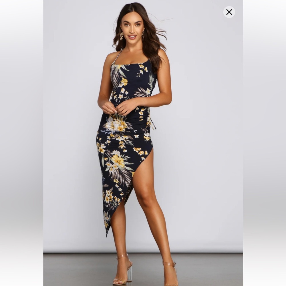 Windsor Black and Yellow Floral Asymmetrical Dress